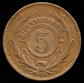 World Coins - 1857 D Uruguay 5 Centimos AU