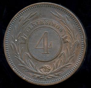 World Coins - 1869 A Uruguay 4 Centimos AU