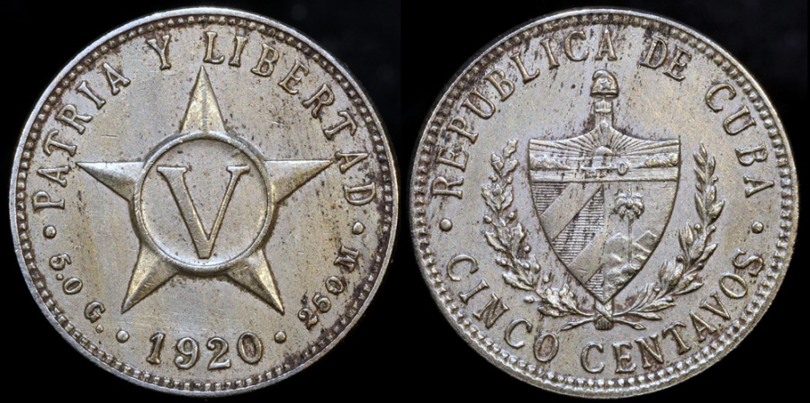 1920 Cuba 5 Centavos 1st Republic UNC North Central