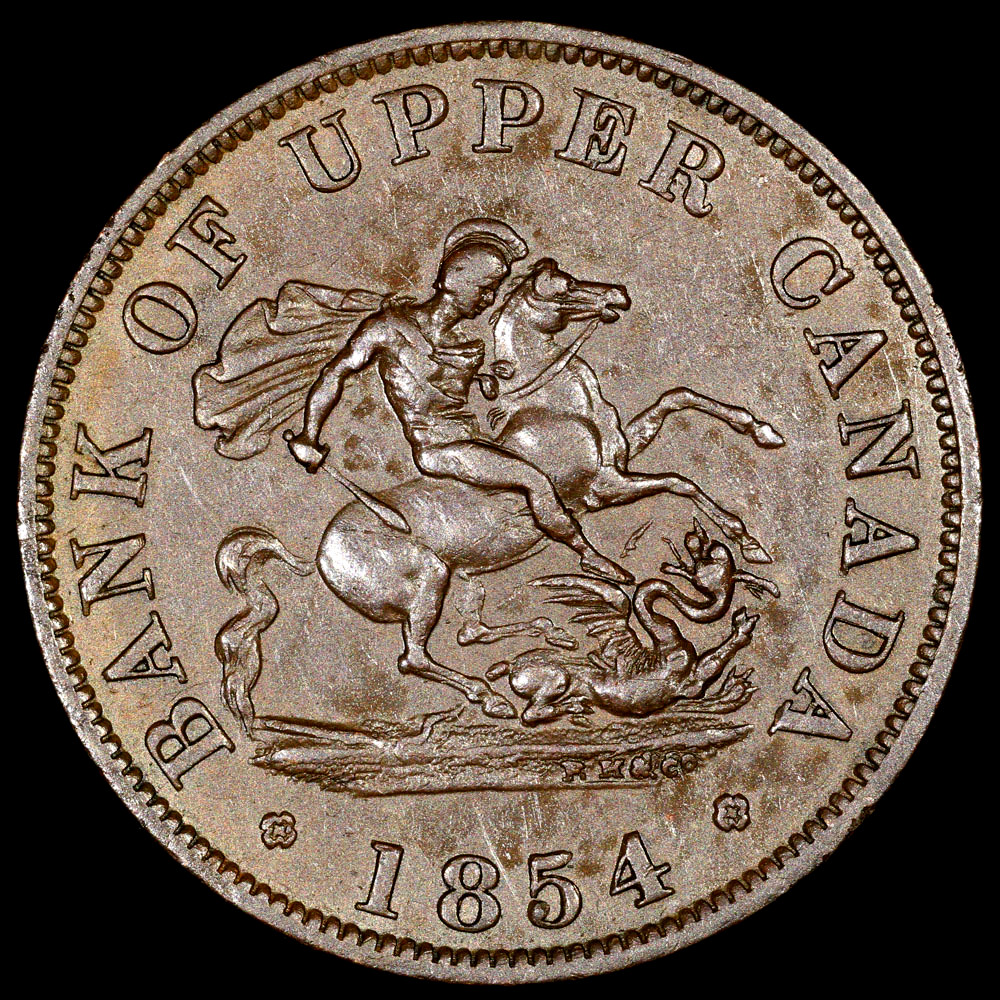 1854 Canada 1/2 Penny - Bank of Upper Canada Token (Plain Four) - XF