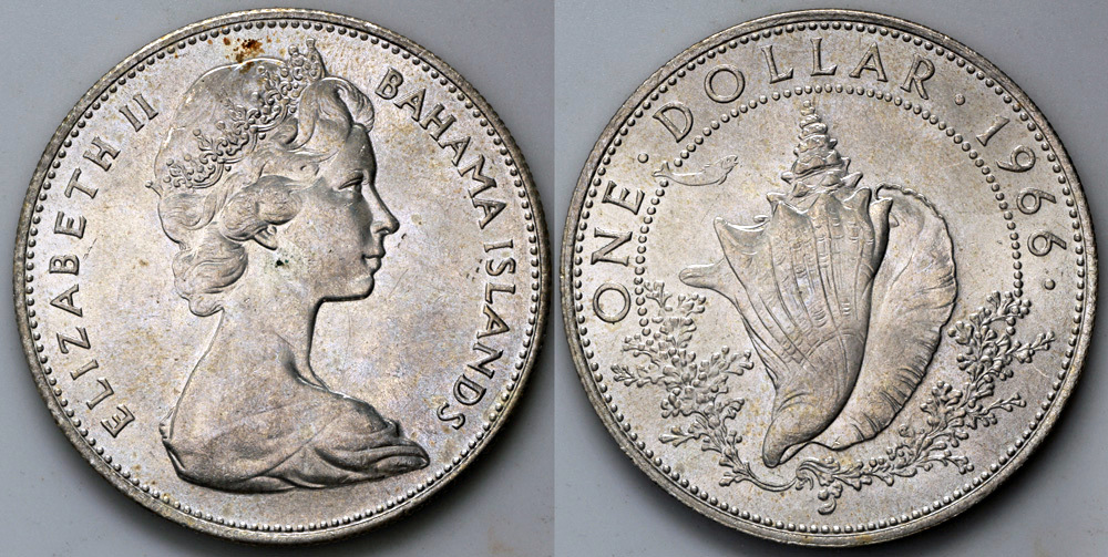 1966 Bahamas 1 Dollar - Elizabeth II - Conch - Silver | North & Central  American and Caribbean Coins