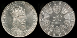 World Coins - 1965 Austria 50 Schillings - 600th Anniversary of Vienna Silver Commemorative BU