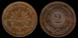 World Coins - 1869 A Uruguay 2 Centesimos AU 