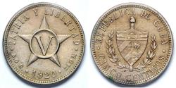 World Coins - 1920 Cuba 5 Centavo - First Republic - AU