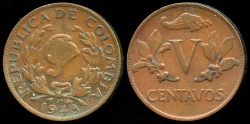 World Coins - 1943 Colombia 5 Centavo VF