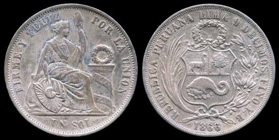 World Coins - 1866/56 YB Peru 1 Sol AU