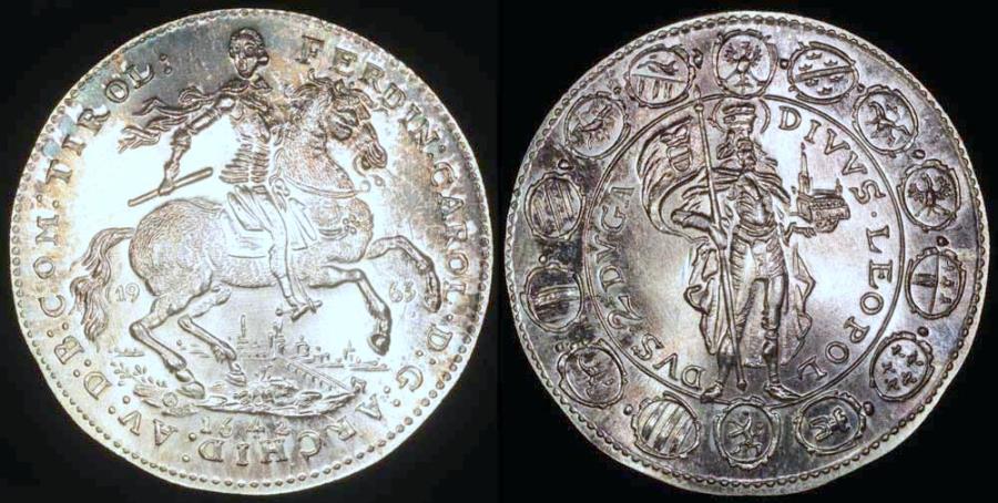 オーストリア 2ドゥカット銀貨 14枚の盾とFerdinand Carol大公 1642 Austria (Vienna) 2 Ducat - Archduke Ferdinand Carol