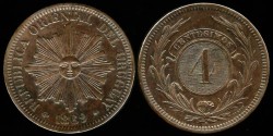 World Coins - 1869 A Uruguay 4 Centesimos (KM-13) UNC.