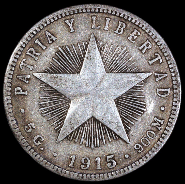 1915 Cuba 20 Centavos - High Relief Star - Coarse Reeding