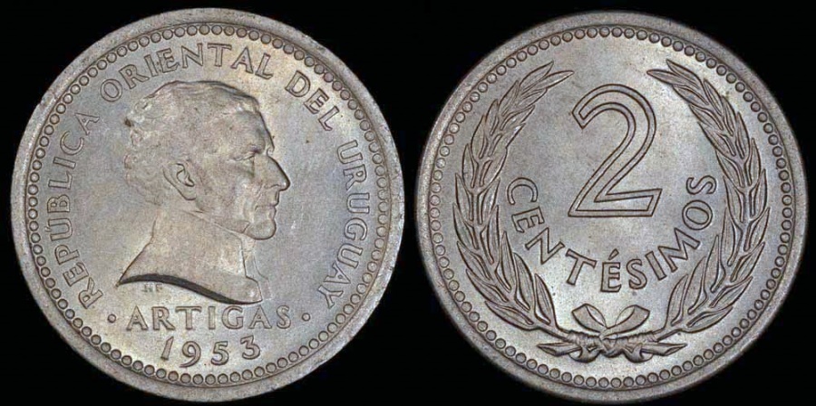 1953 (L) Uruguay 2 Centesimos - Decimal Coinage - BU | South American Coins