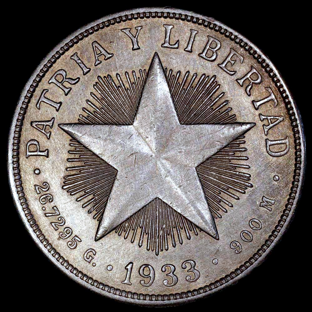1933 Cuba 1 Peso - Star Peso - AU Silver | North & Central