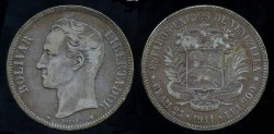 World Coins - 1911 P Venezuela 5 Bolivares XF