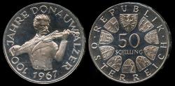 World Coins - 1967 Austria 50 Schilling "Blue Danube Centennial" (Only 26,100 Pieces were struck in Proof) Commemorative Silver Proof
