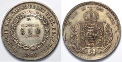 World Coins - 1864 Brazil 500 Reis - Petrus II - AU Silver