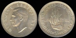 World Coins - 1952 South Africa 5 Shillings - George VI - 300th Anniversary - Founding of Cape Town - Silver Commemorative BU