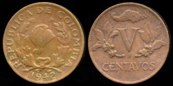 World Coins - 1942 (B) Colombia 5 Centavo VF