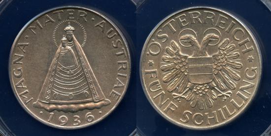 World Coins - 1936 Austria 5 Schilling - Madonna of Mariazell - Silver Commemorative ANACS MS62