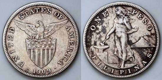 1909 S Philippines 1 Peso - U.S. Administration - VF Silver
