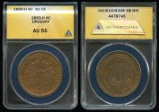 World Coins - 1869 H  Uruguay 4 Centesimos ANACS AU55