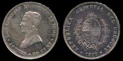 World Coins - 1917 Uruguay 50 Centesimos AU