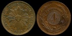 World Coins - 1869 H Uruguay 4 Centesimos UNC