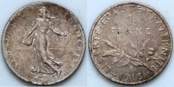 World Coins - 1918 France 1 Franc - Modern Republics - AU Silver