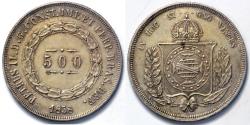 World Coins - 1858 Brazil 500 Reis - Petrus II - AU Silver
