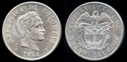 World Coins - 1934 S Columbia 50 Centavos - Simon Bolivar - AU Silver