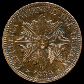 World Coins - 1869 H Uruguay 4 Centesimos AU