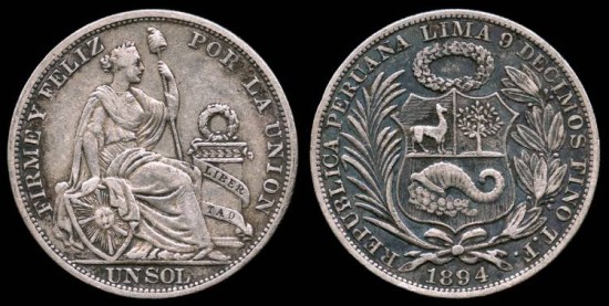 World Coins - 1894 TF Peru 1 Sol XF