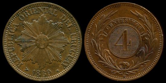 World Coins - 1869 H Uruguay 4 Centesimos UNC