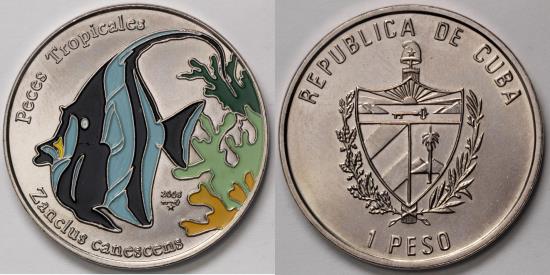 World Coins - 2005 Cuba 1 Peso - Multi-colored Zanclus Canescens - Tropical Fish - BU (Tiny Mintage)
