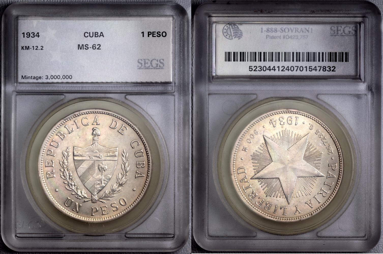 1934 Cuba 1 Peso – Low Relief Star – 1st Republic – SEGS MS-62