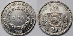 World Coins - 1865 Brazil 500 Reis - Petrus II - UNC Silver