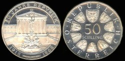 World Coins - 1968 Austria 50 Schilling - 50th Anniversary of the Republic - (Only 39,800 Pieces were struck in Proof) - Proof Silver