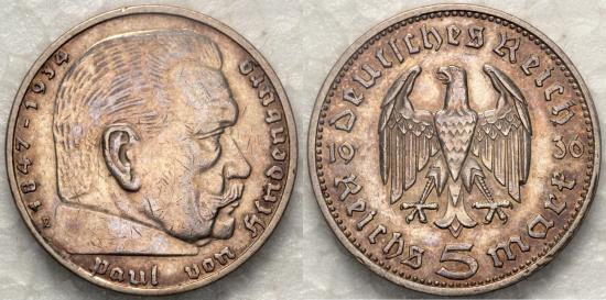 1936 E Germany 5 Reichsmark - Third Reich - Hindenburg Issue - Mulden ...