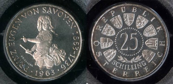 World Coins - 1963 Austria 25 Shilling ACG PR-67 Deep Cameo - Silver Commemorative (Only 5,931 Pieces were Struck in Proof)