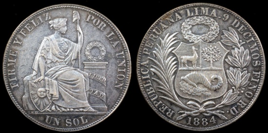 1884 RD Peru 1 Sol AU | South American Coins