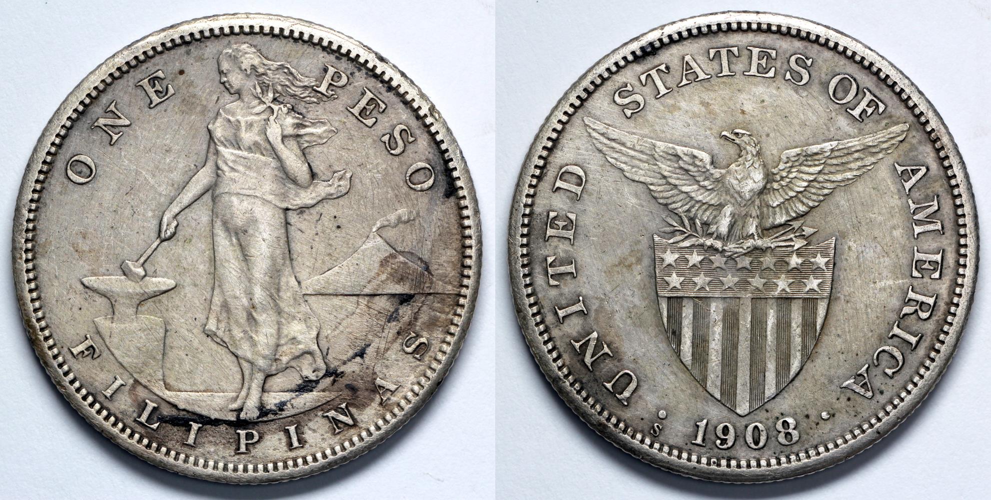 1908年発行のアメリカ統治下フィリピン「1ペソ」銀貨 308 1908年発行のアメリカ統治下フィリピン「1ペソ」銀貨 308