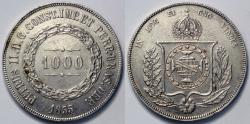 World Coins - 1855 Brazil 1000 Reis - Petrus II - AU Silver