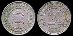 World Coins - 1881 H Colombia 2-1/2 Centavos XF