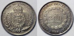 World Coins - 1855 Brazil 200 Reis - Petrus II - AU Silver