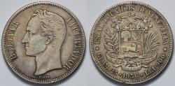 World Coins - 1936 Venezuela 5 Bolivar - Republic Coinage - XF Silver