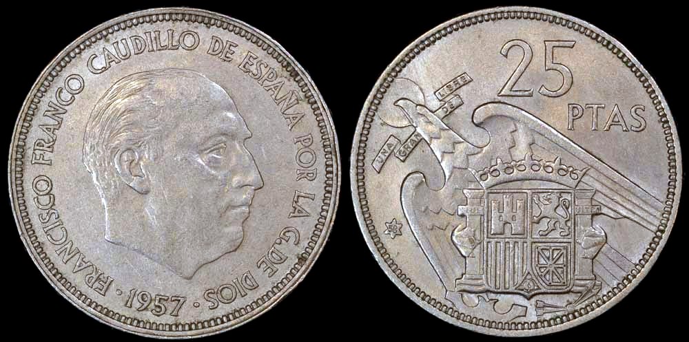 1957 65 Spain 25 Pesetas Francisco Franco BU European Coins