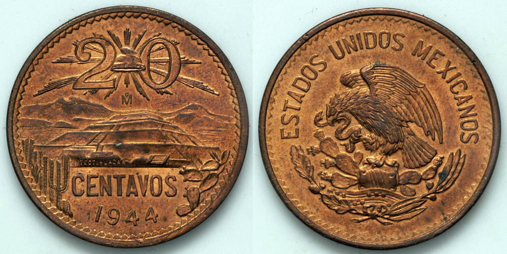 1944 Mo Mexico 20 Centavos Decimal Coinage UNC North