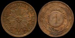 World Coins - 1869 H Uruguay 4 Centesimos AU