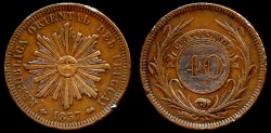 World Coins - 1857 D Uruguay 40 Centesimo AU