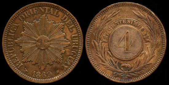 World Coins - 1869 H Uruguay 4 Centesimos AU