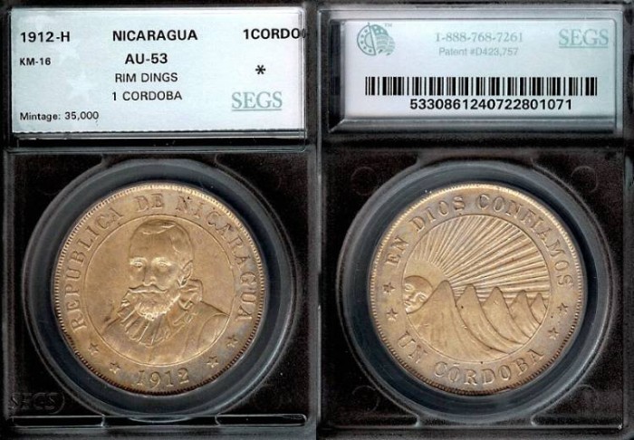 1912年 ニカラグア コルドバ PCGS AU53 1912年 ニカラグア コルドバ PCGS AU53 1912 H ニカラグア シルバー 1