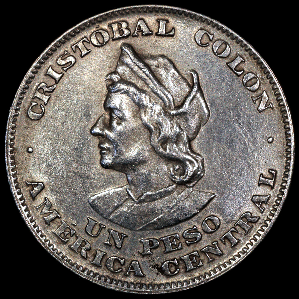 1908 CAM El Salvador 1 Peso - Christopher Columbus Commemorative Silver - AU